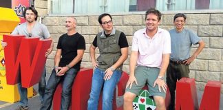 Film Highlighting Growing Interest in Bridge to be shown in Marion by Linda Burchette The Double Dummy production team poses outside the playing site in Taicang, China. From left are Derek Sieg, producer; Darin Moran, director of photography; Lucas Krost, director; John McAllister, producer; and Liming Fan, sound man.