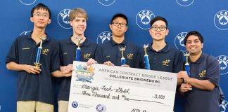Online College Bridge Championship; GT vs USCB Third place in the Collegiate Bridge Bowl went to the Georgia Tech Gold Team: Shengding Sun, Cyrus Hettle, Zhuangdi Xu, Richard Jeng and Santhosh Karnik